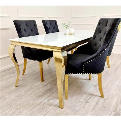 Louis 1.6mtr Dining Table Gold with Glass Top & 4 Chairs