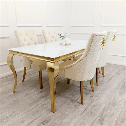Louis 1mtr Clear Glass Square Dining Table Gold with Glass/Sintered Stone Top & 4 Bentley Chairs