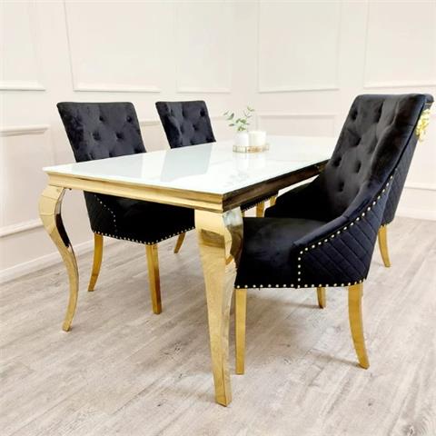 Louis 1.4mtr Clear Glass Dining Table Gold with Glass/Sintered Stone Top & 4 Bentley Chairs