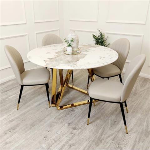 Nero Gold 1.3 Round Dining Table with Sintered Stone Top & 4 Etta Chairs