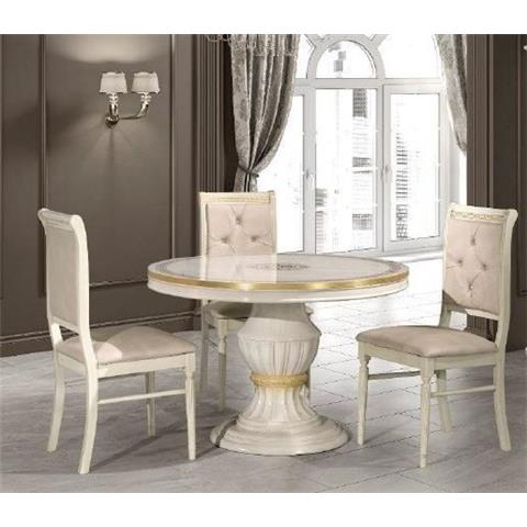 H2O Design Aurora Beige Birch Gold Italian Round Extending Dining Set with Rossella Crystal Back Dining Chairs