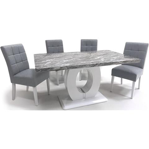 Shankar Neptune High Gloss White with Grey Marble Effect Dining Table and 4 Moseley Silver Grey Dining Chairs