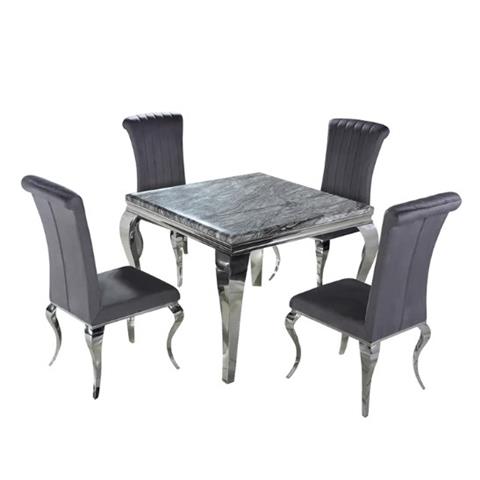 Louis 1mtr Square Light Grey Marble Dining Table in Chrome & 4 Julietta Chairs