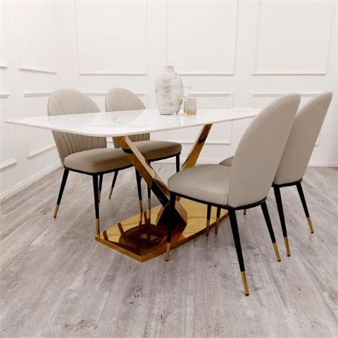 Valeo Gold 1.8 Dining Table with Polar White Sintered Stone Top & 4 Etta Chairs