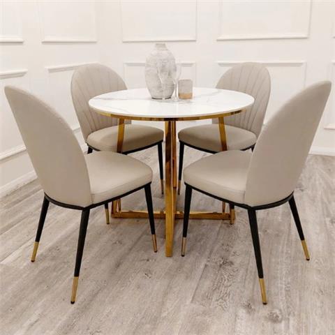 Juno Gold 90cm Round Dining Table with Polar White Sintered Stone Top & 4 Etta Chairs