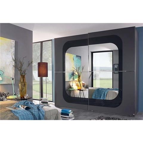 Rauch Lumos 2 Door Mirror Sliding Wardrobe in Dark Grey and Basalt - W 251cm