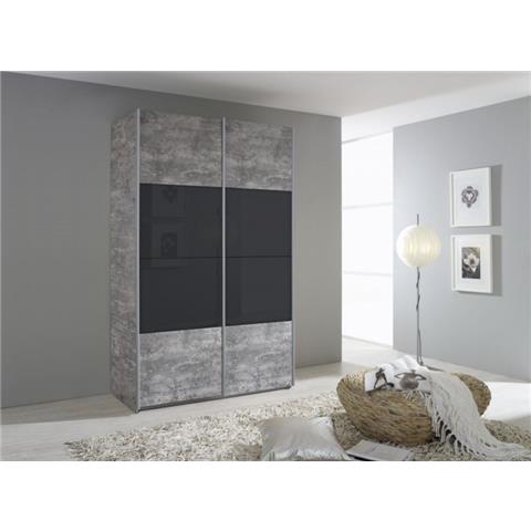 Rauch Quadra 2 Door Sliding Wardrobe in Stone Grey and Basalt Glass - W 136cm