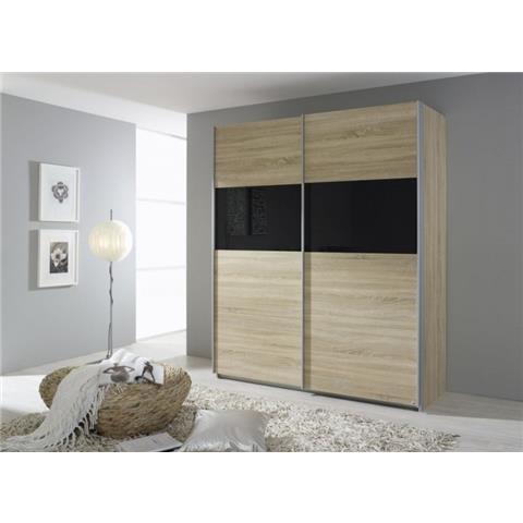 Rauch Quadra 2 Door Sliding Wardrobe in Oak and Black Glass - W 181cm