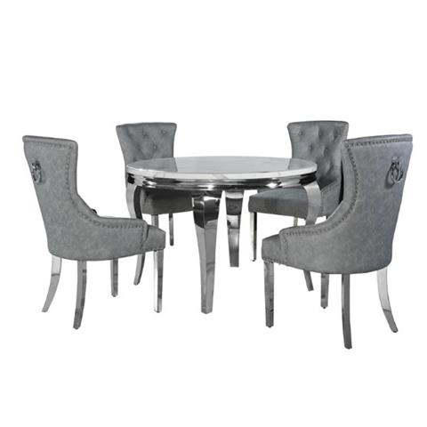 Louis 1.3 Round White Marble Dining Table in Chrome & 4 Megan Dining Chairs