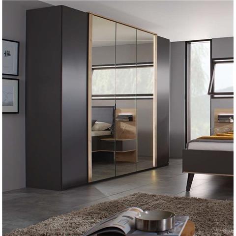 Rauch Marcella 5 Door Wardrobe with Lighting in Graphite and Faux Leather Basalt - W 251cm