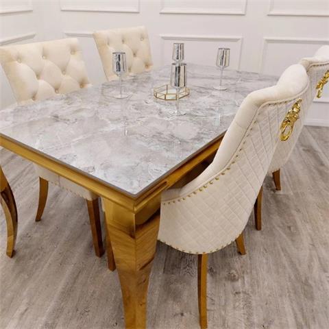 Louis 1.6mtr Grey Class Dining Table Gold with Glass/Sintered Stone Top & 4 Bentley Dining Chairs