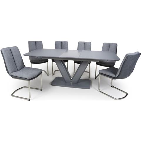 Shankar Venus Grey Glass 160cm-200cm Extending Dining Table with 6 Triton Light Grey Linen Effect Dining Chairs