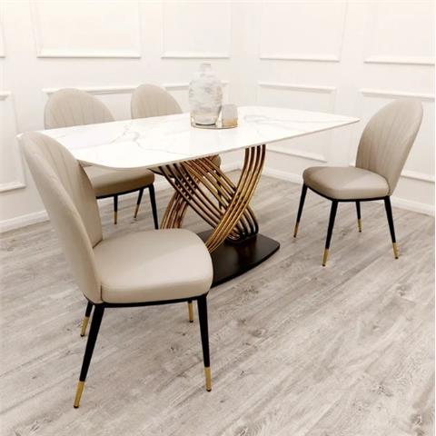 Orion Gold 1.8 Dining Table with Polar White Sintered Stone Top & 4 Etta Chairs
