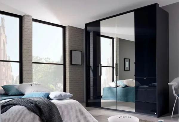 Rauch Erimo 4 Door Combi Folding Wardrobe in Graphite and Basalt Glass - W 204cm