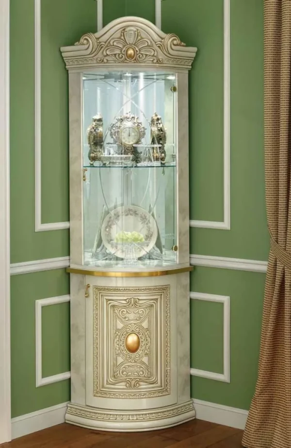 Camel Leonardo Ivory Gloss and Gold Italian Corner Dispaly Cabinet