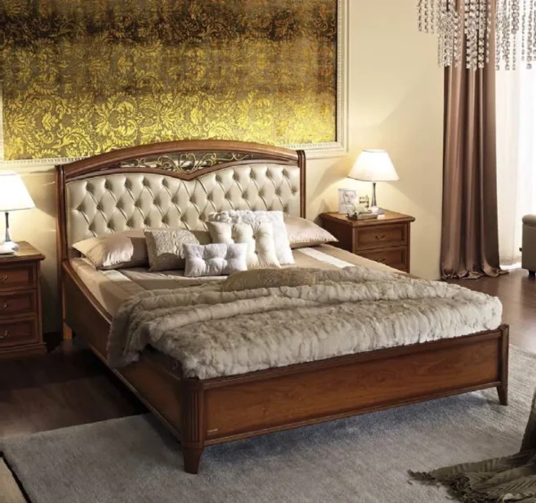 Camel Nostalgia Walnut Italian Curvo Fregio Capitonne 6ft Queen Size Bed