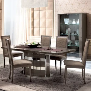 Modum Platinum Italian Silver Butterfly Extending Dining Set with Nabuk Chairs