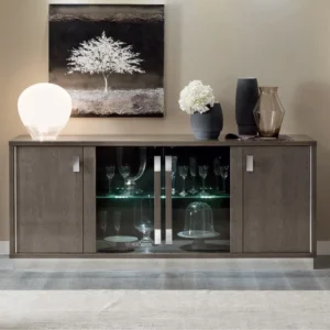 Modum Platinum Italian Silver Slim Glass Door Buffet Sideboard