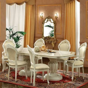 Camel Leonardo Ivory Gloss and Gold Italian Extending Dining Set with 4 Chairs and 2 Armchair
