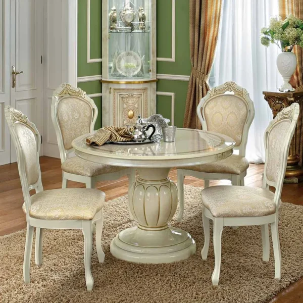 Camel Leonardo Ivory Gloss and Gold Italian Round Extending Dining Set with Chairs