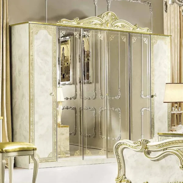 Camel Leonardo Italian Ivory Gloss and Gold 6 Door Wardrobe with Mirrors
