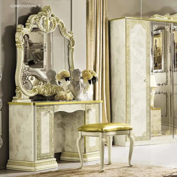 Camel Leonardo Italian Ivory Gloss and Gold Double Pedestal Dressing Table