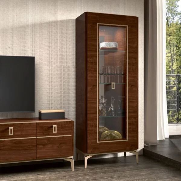 Status Eva Day Walnut Brown Italian 1 Glass Door Vitrine with LED Light - Image 3