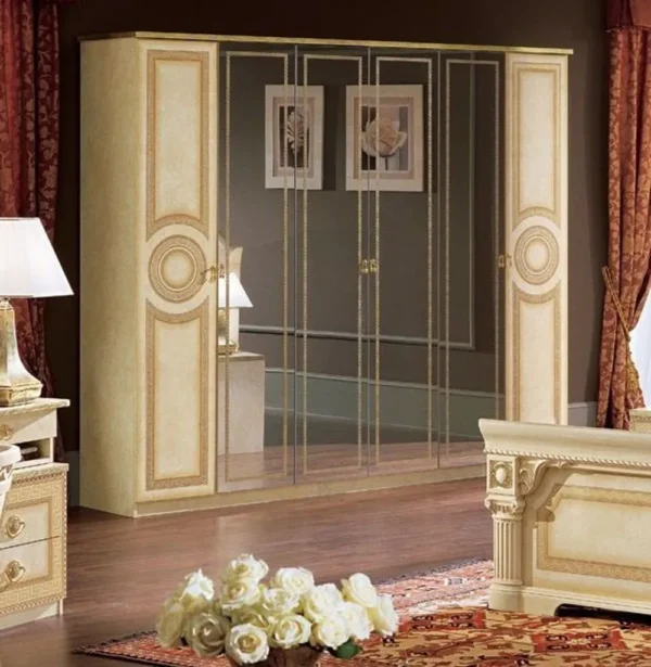 Camel Aida Ivory Italian 6 Door Wardrobe with Mirrors
