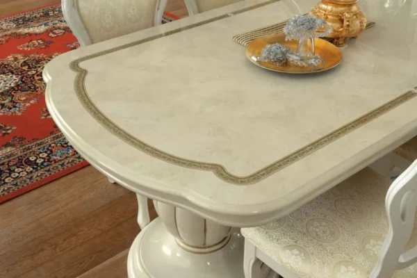 Camel Leonardo Ivory Gloss and Gold Italian Extending Dining Set with 4 Chairs and 2 Armchair - Image 2