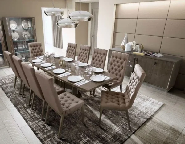 Modum Platinum Italian Silver Butterfly Extending Dining Set with Dama Nabuk Chairs