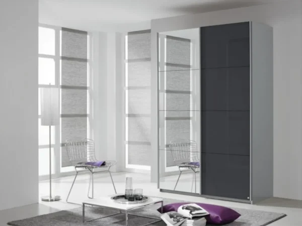 Rauch Quadra 2 Door Mirror Sliding Wardrobe in Silk Grey and Basalt Glass - W 136cm