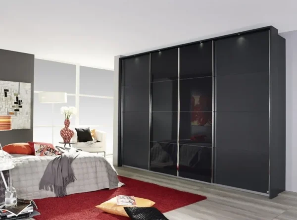Rauch Syncrono 4 Door Sliding Wardrobe in Metallic Grey and Basalt Glass - W 361cm