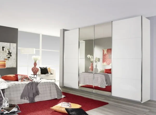 Rauch Syncrono 4 Door Mirror Sliding Wardrobe in High Gloss White - W 361cm