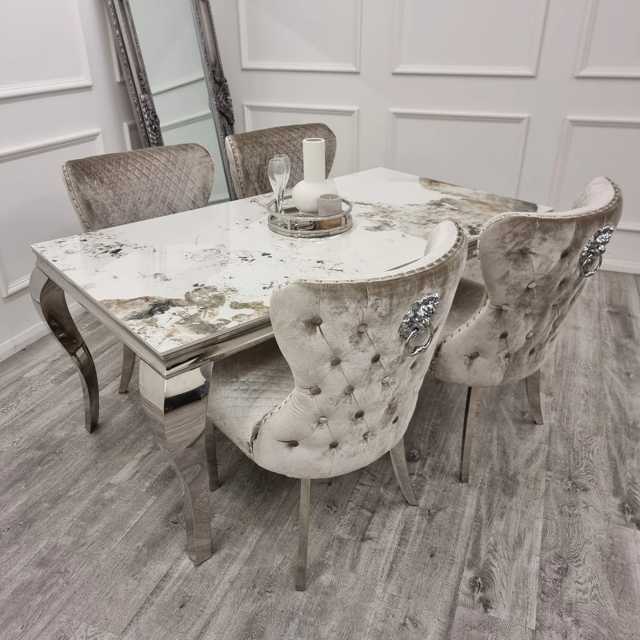 Louis Chrome Pandora Marble Dining Table And Chelsea Dining Chair Set