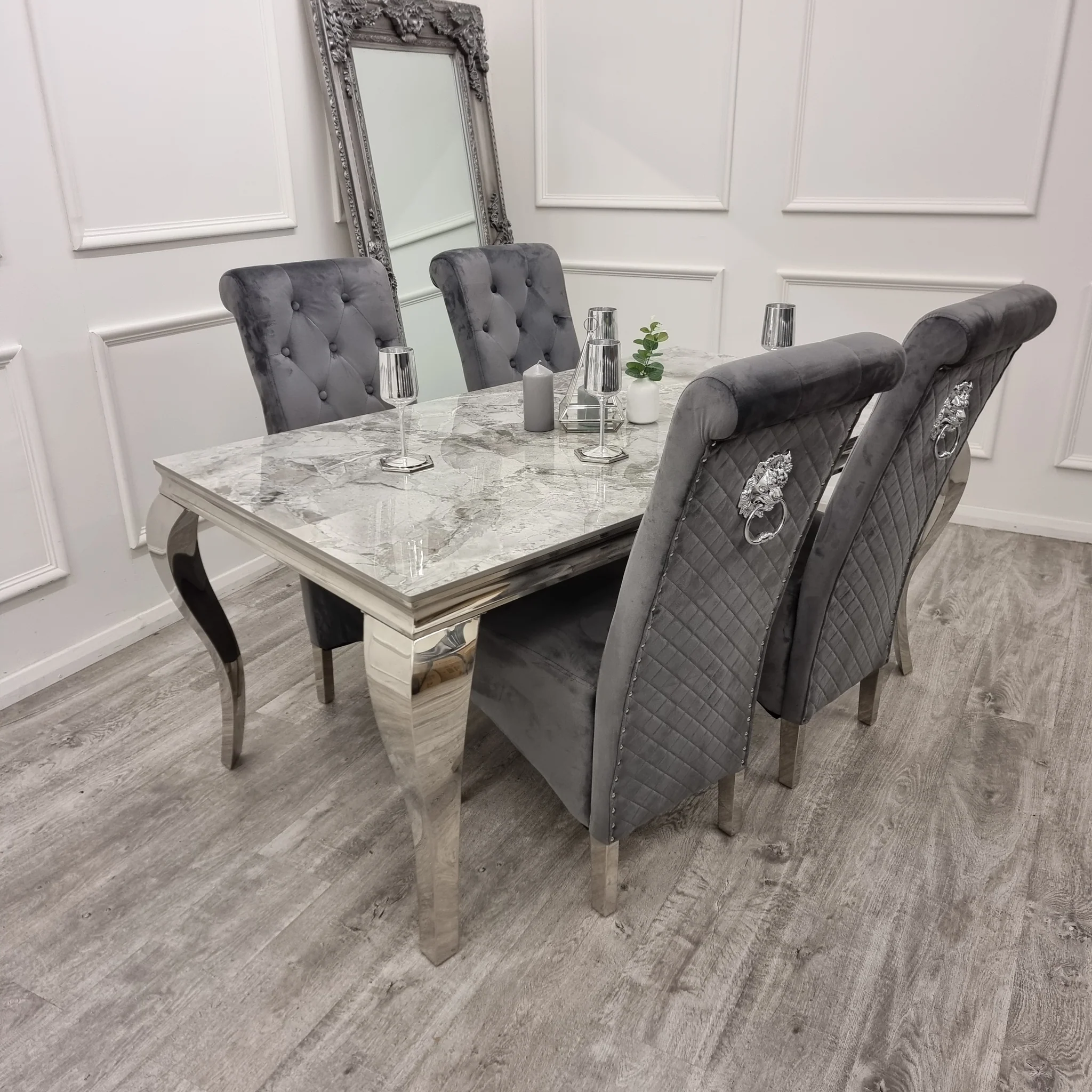 Louis Chrome Pandora Marble Dining Table And Emma Dining Chairs Set - Image 2