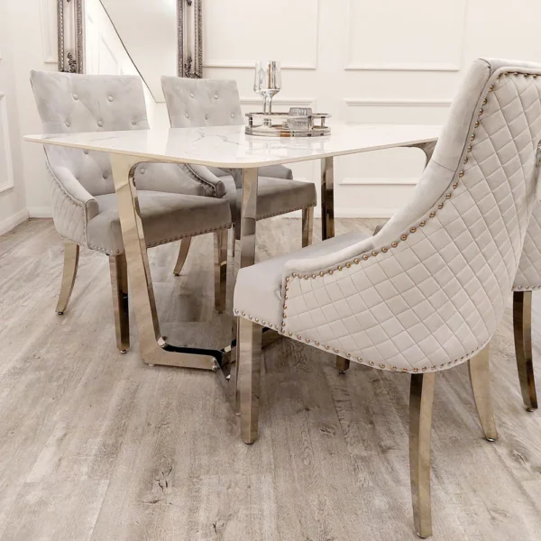 Lucien 1.6 Chrome Dining Table with Polar White Sintered Stone Top And 4 Chairs