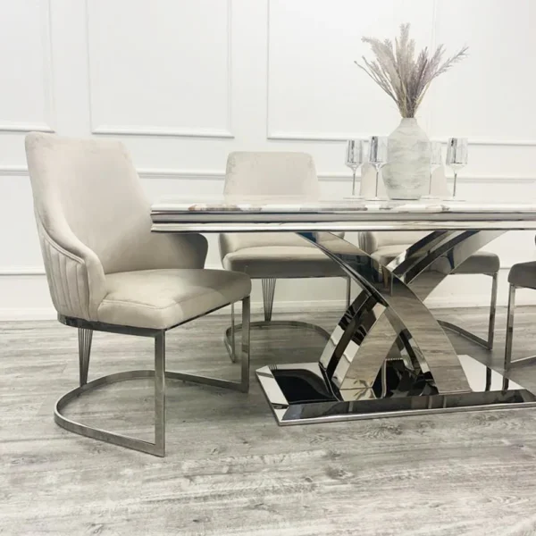 Milan 1.8 Pandora Marble Dining Table And Chelmsford Velvet Dining Chair Set - Image 2