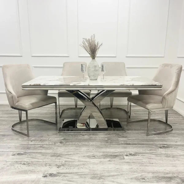 Milan 1.8 Pandora Marble Dining Table And Chelmsford Velvet Dining Chair Set