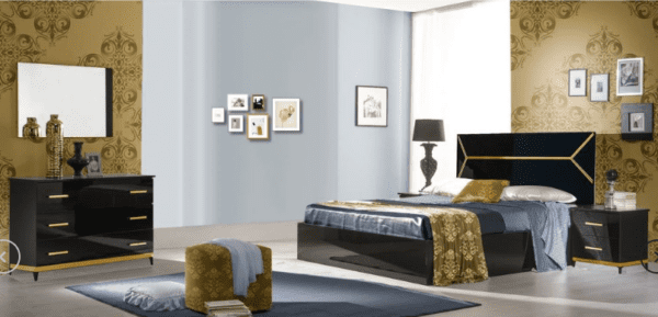 Ben Company Elegance Black and Gold Finish Italian Bed Group Set with 6/4 Door Wardrobe