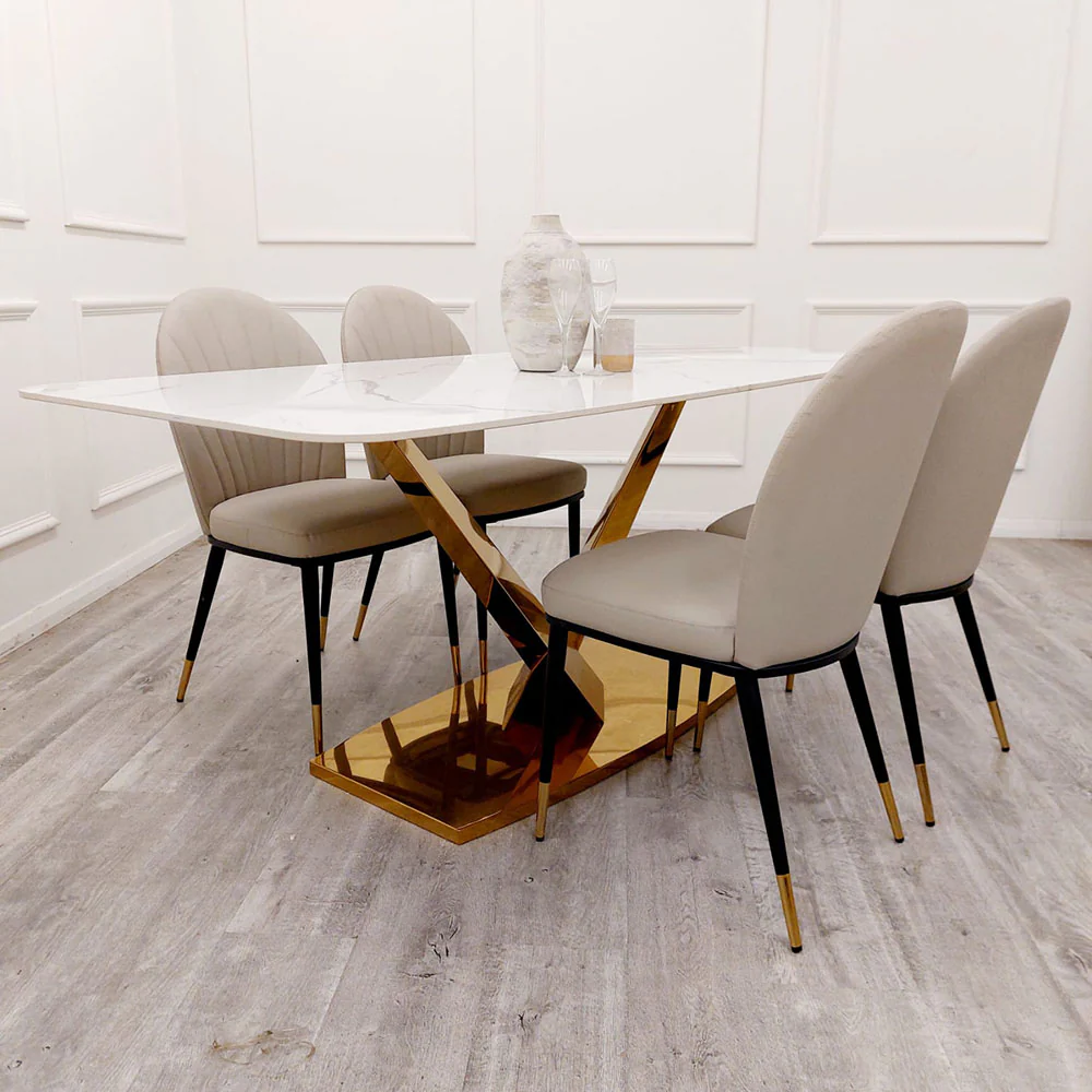 Valeo Gold 1.8 Dining Table with Polar White Sintered Stone Top And Etta Leather Dining Chair