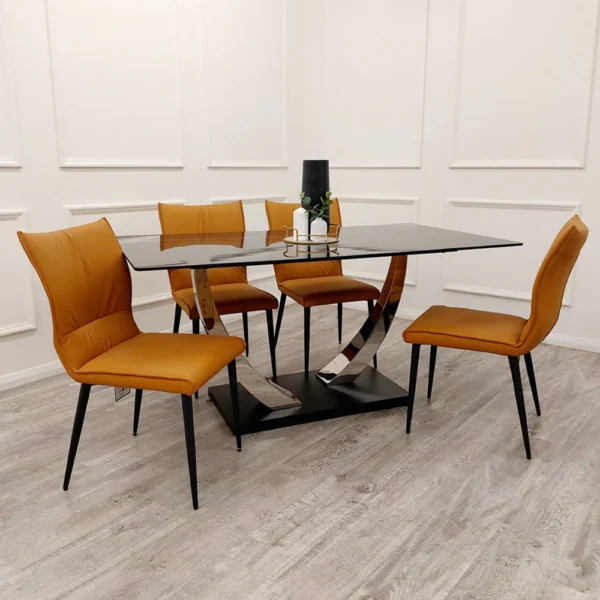 Venus 1.6 Chrome Dining Table with Black Sintered Stone Top With 4 Chairs