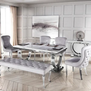 Arriana Light Grey Marble Dining Table With 4 Chairs And 1 Bench