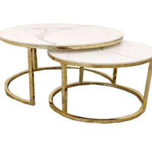 Furnish 365 Cato Polar White Sintered Stone and Gold Round Nest of 2 Coffee Table