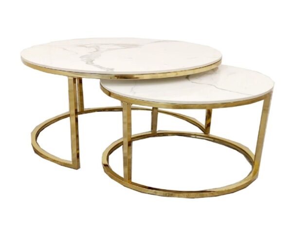 Furnish 365 Cato Polar White Sintered Stone and Gold Round Nest of 2 Coffee Table
