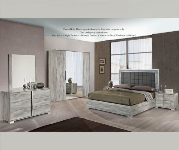 H2O Design Serena Light Grey Italian Bedroom Set with 6/4 Door Wardrobe