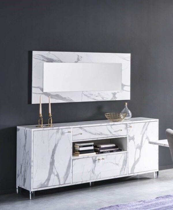 Ben Company Vittoria White Marble Finish Italian 4 Door Sideboard