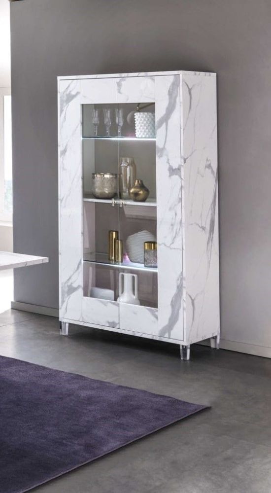 Ben Company Vittoria White Marble Finish Italian 2 Door Vitrine