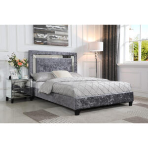 Augustina Crushed Velvet Bed Silver with Mirror