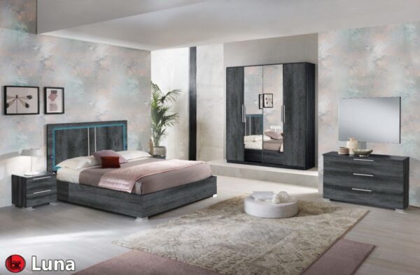 Ben Company Luna Dark Grey Italian Bed Group Set with 4 Door Wardrobe
