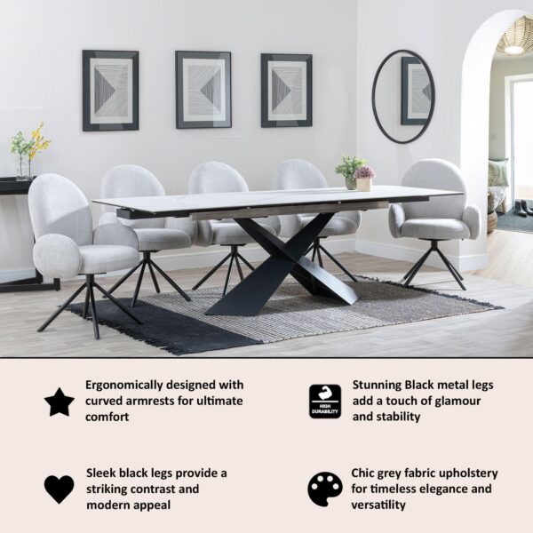 Lugo Grey Fabric Swivel Dining Armchair with Black Legs - Image 7